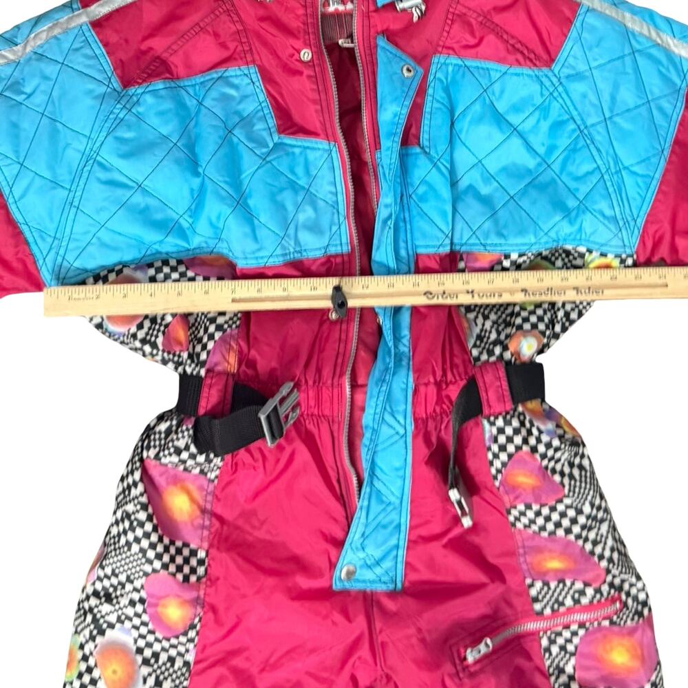 Vintage 90s Blue Pink Checkerboard Hooded Ski Suit One Piece Size S *GOOD* - Picture 4 of 16